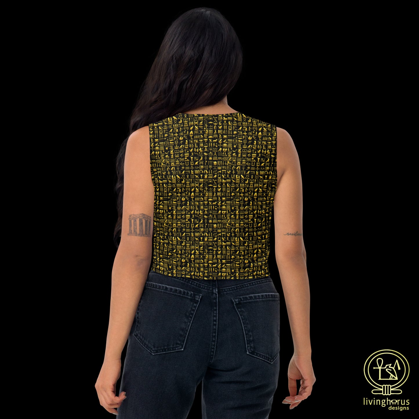 Egyptian Golden Hieroglyph Crop Top - Black