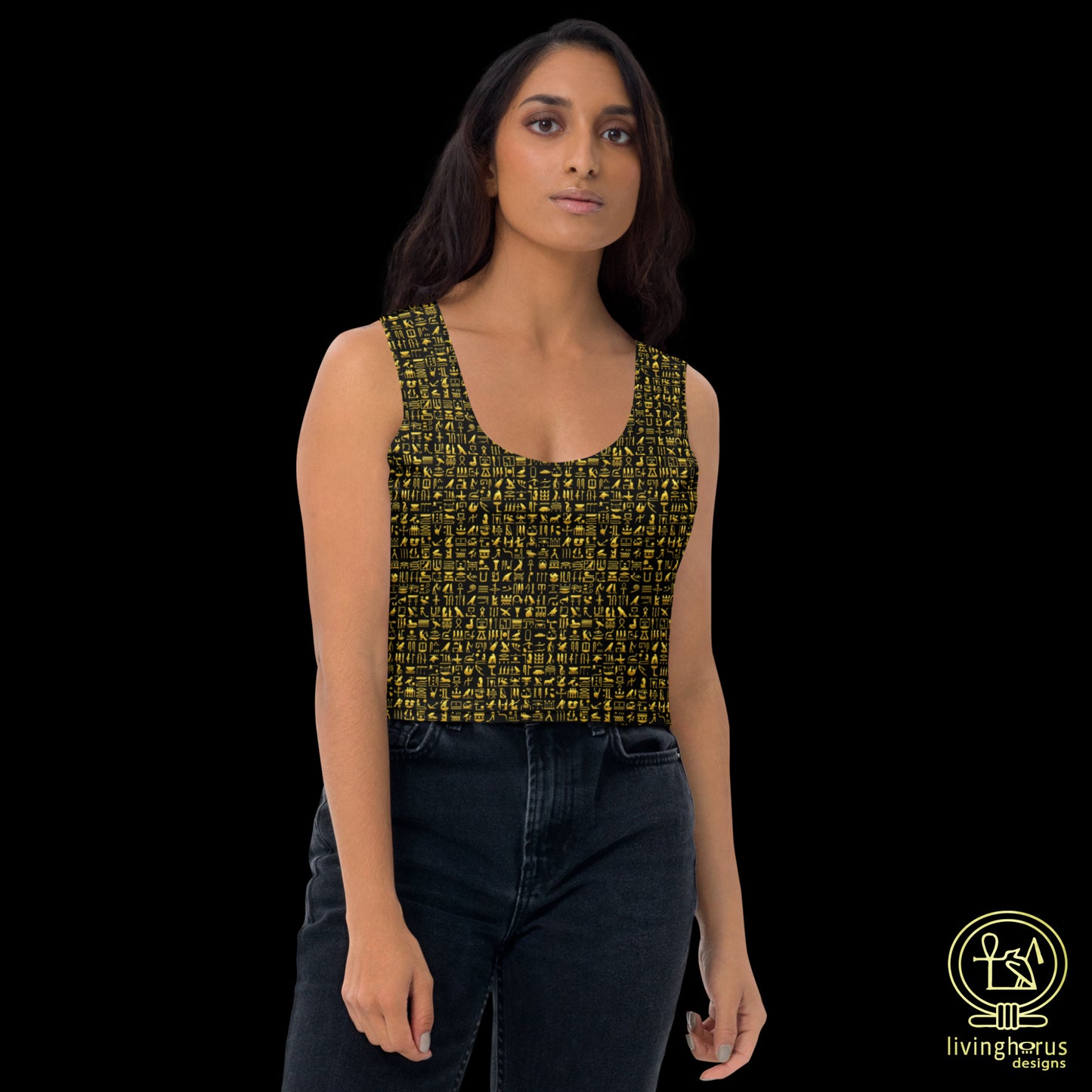 Egyptian Golden Hieroglyph Crop Top - Black