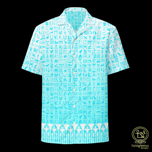 Light Blue Hieroglyph Lotus Motif Hawaiian Shirt