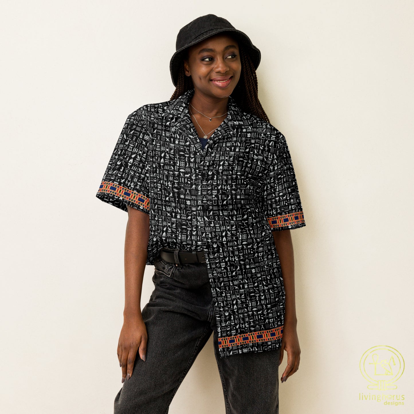 Egyptian Hieroglyphic Pattern Hawaiian Shirt - Black