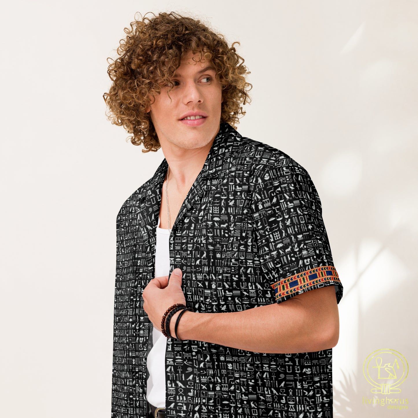 Egyptian Hieroglyphic Pattern Hawaiian Shirt - Black