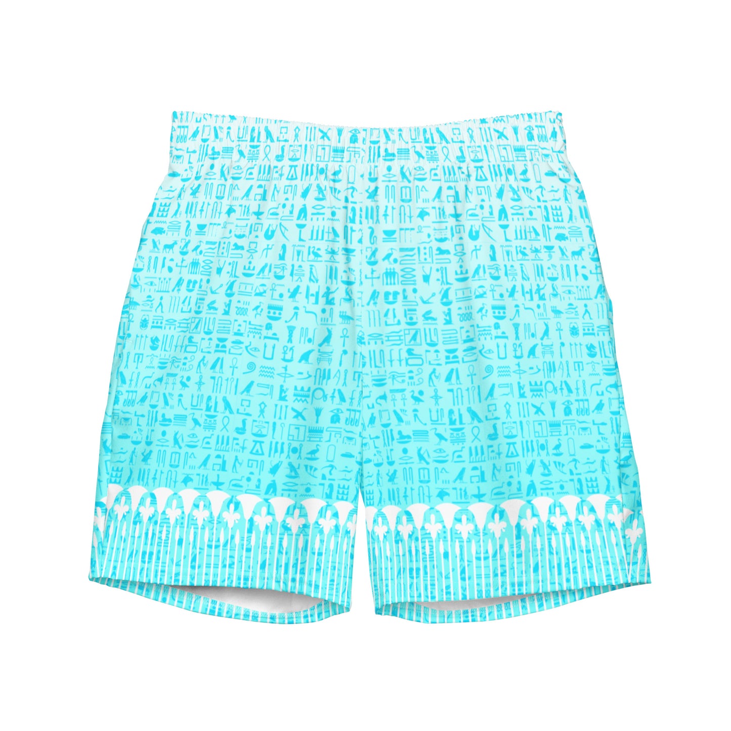 Light Blue Hieroglyph Lotus Motif Hawaiian Swim Trunks